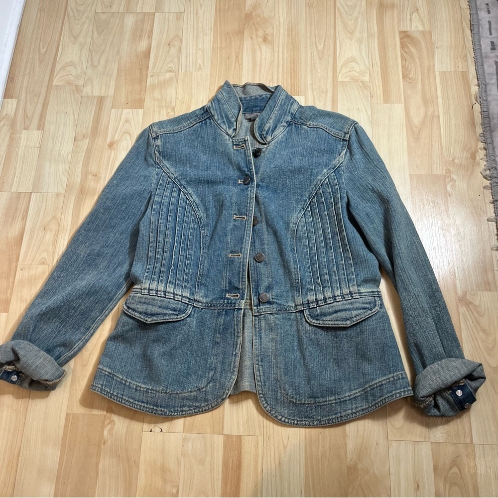 J. Jill Jean Jacket Womens XS Blue Denim Button Front Ruffle Pleated Pockets